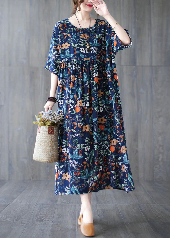 Loose Dark Blue O-Neck Print Wrinkled Robe Dresses Short Sleeve - Image 3