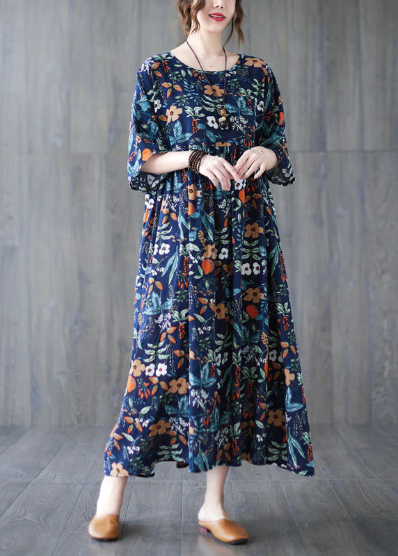 Loose Dark Blue O-Neck Print Wrinkled Robe Dresses Short Sleeve - Image 4