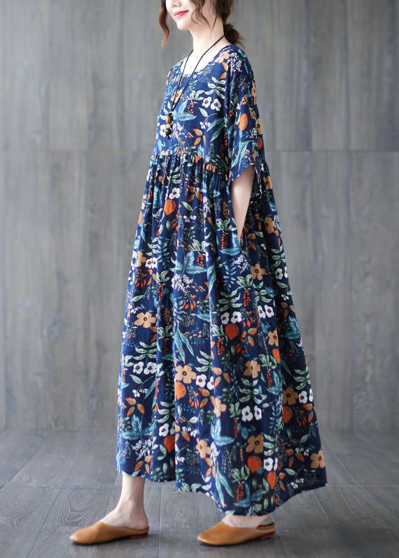 Loose Dark Blue O-Neck Print Wrinkled Robe Dresses Short Sleeve - Image 5