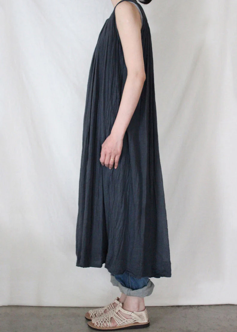 Loose Dark Blue O-Neck Wrinkled Button Maxi Shirt Dresses Sleeveless - Image 3