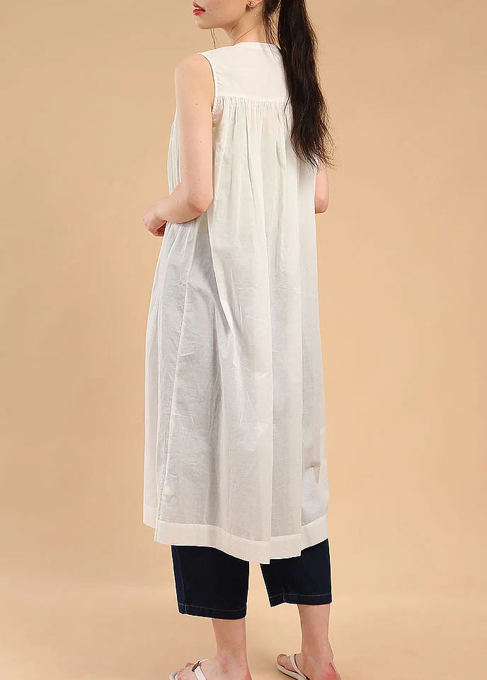 Loose Dark Blue O-Neck Wrinkled Button Maxi Shirt Dresses Sleeveless - Image 4