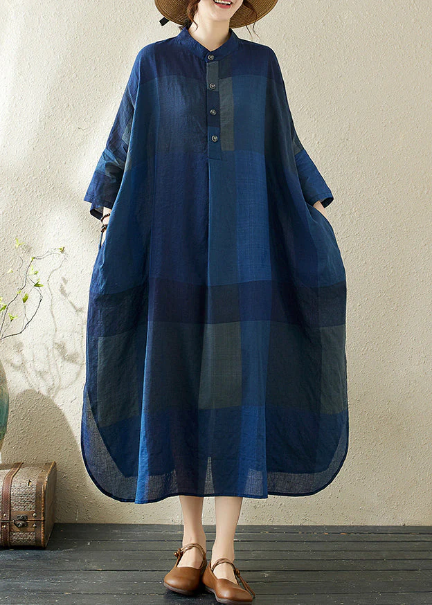 Loose Dark Blue Stand Collar Plaid Side Open Long Dresses Bracelet Sleeve - Image 2