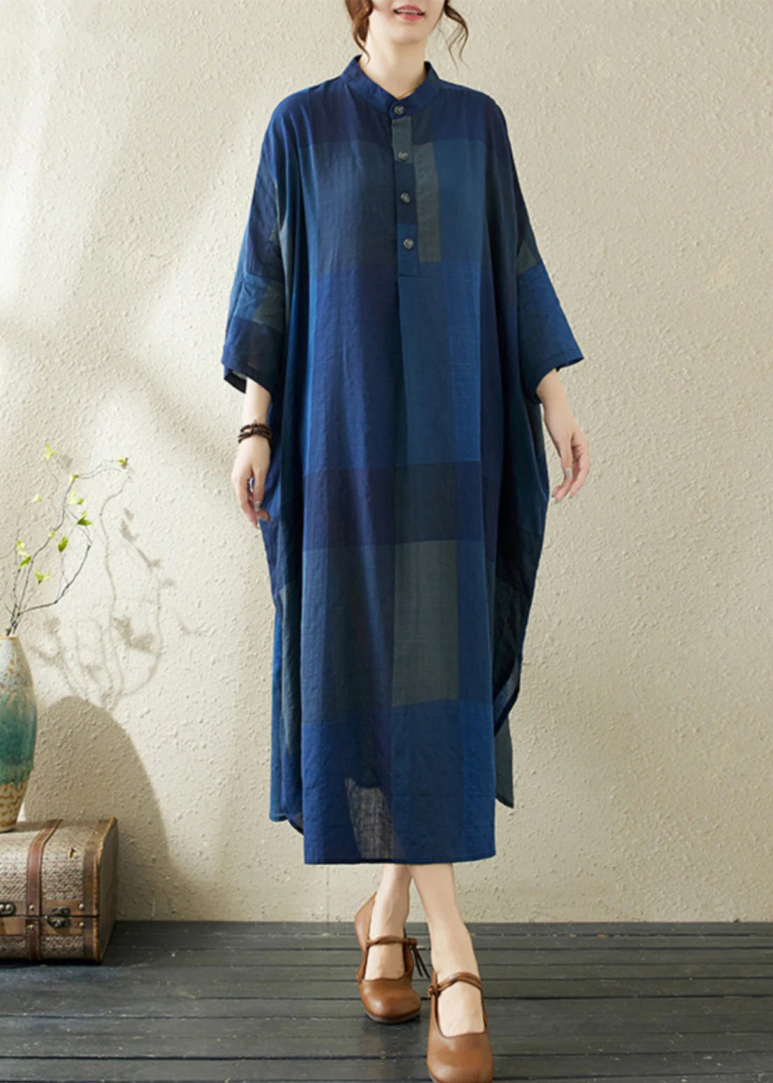 Loose Dark Blue Stand Collar Plaid Side Open Long Dresses Bracelet Sleeve - Image 3