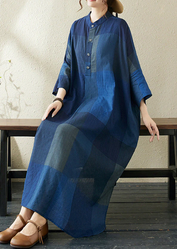 Loose Dark Blue Stand Collar Plaid Side Open Long Dresses Bracelet Sleeve - Image 4
