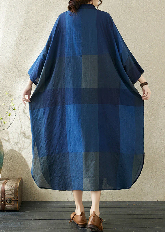 Loose Dark Blue Stand Collar Plaid Side Open Long Dresses Bracelet Sleeve - Image 5