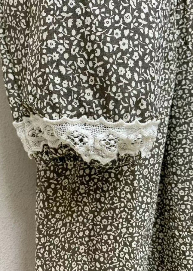 Loose Dark Gray Hollow Out Print Cotton Long Dresses Long Sleeve - Image 5