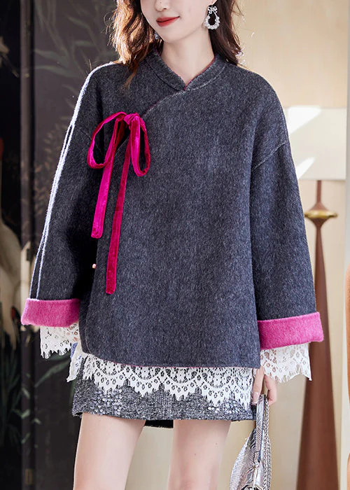 Loose Dark Gray Lace Up Button Side Open Woolen Coats Spring - Image 2
