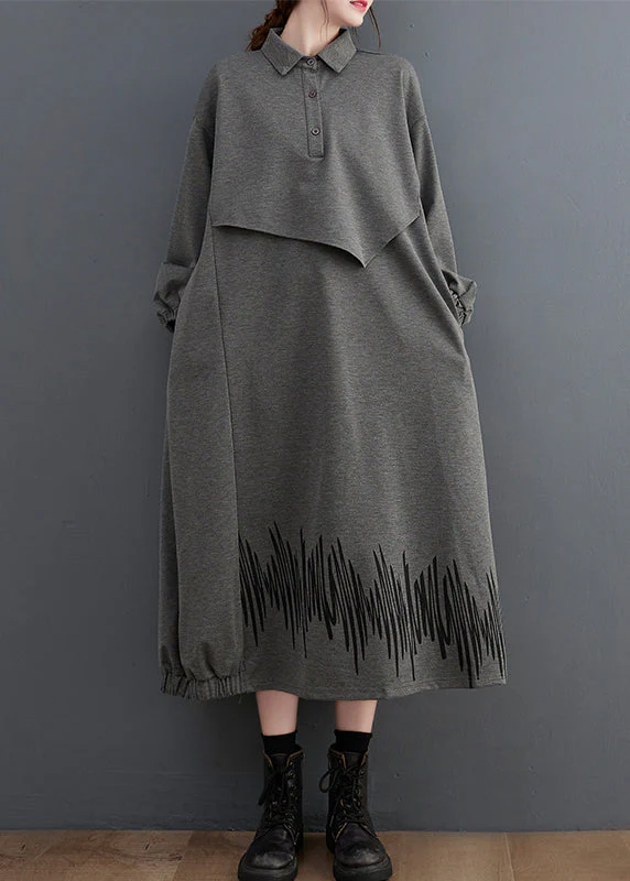 Loose Dark Gray Pockets Patchwork False Two Pieces Cotton Dress Fall - Image 2