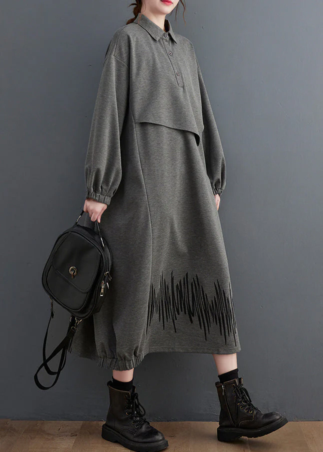 Loose Dark Gray Pockets Patchwork False Two Pieces Cotton Dress Fall - Image 4