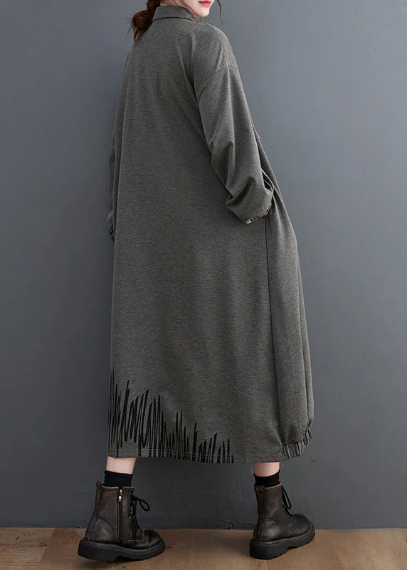 Loose Dark Gray Pockets Patchwork False Two Pieces Cotton Dress Fall - Image 5