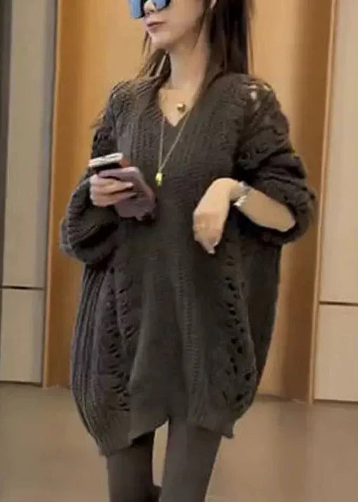Loose Dark Gray V Neck Hollow Out Knit Sweater Spring - Image 3