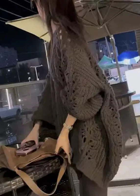 Loose Dark Gray V Neck Hollow Out Knit Sweater Spring - Image 4