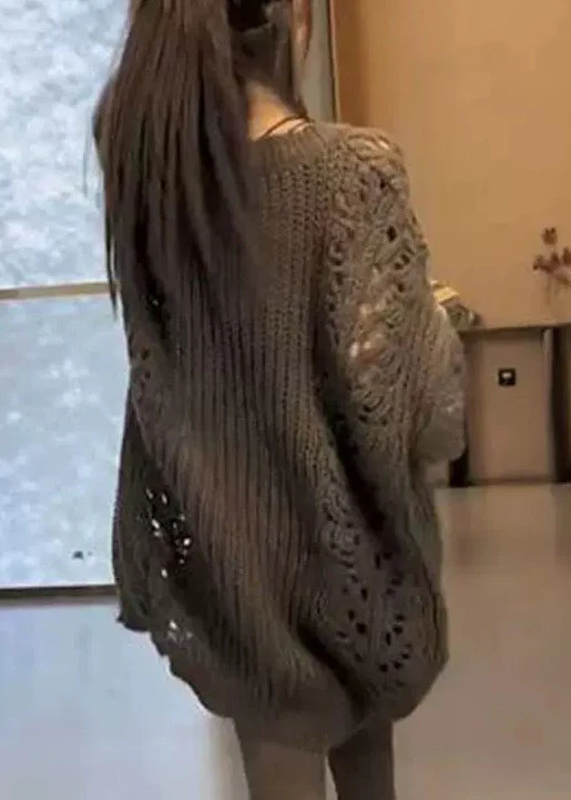 Loose Dark Gray V Neck Hollow Out Knit Sweater Spring - Image 5
