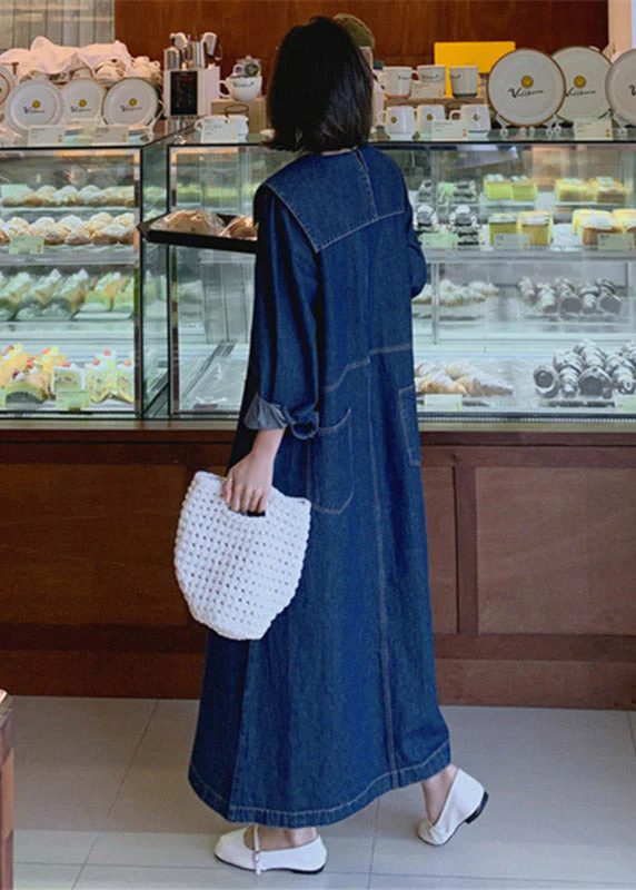 Loose Denim Blue-rabbit Peter Pan Collar Patchwork Pockets Dress Long Sleeve - Image 5