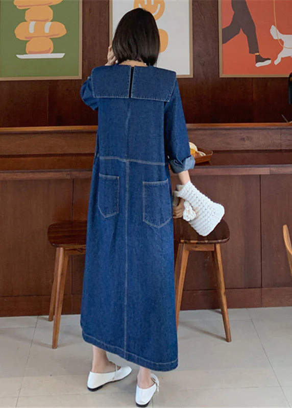 Loose Denim Blue-rabbit Peter Pan Collar Patchwork Pockets Dress Long Sleeve - Image 6