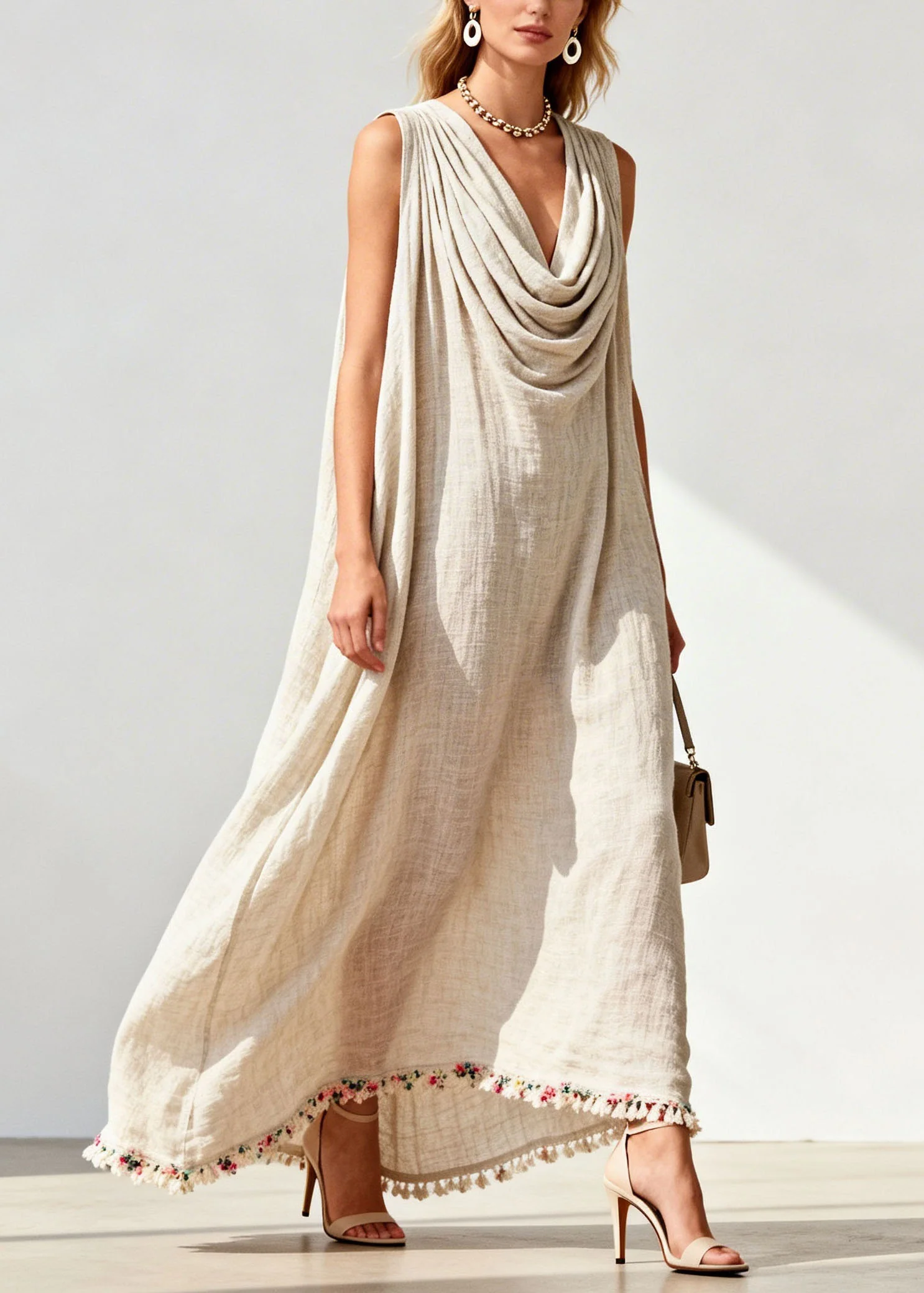 Loose Draped Neckline Floral Patchwork Linen Maxi Dresses Sleeveless - Image 3