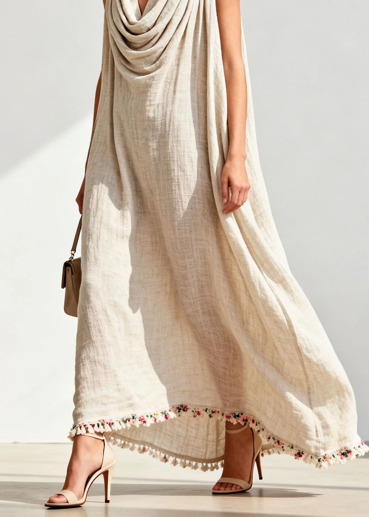 Loose Draped Neckline Floral Patchwork Linen Maxi Dresses Sleeveless - Image 4