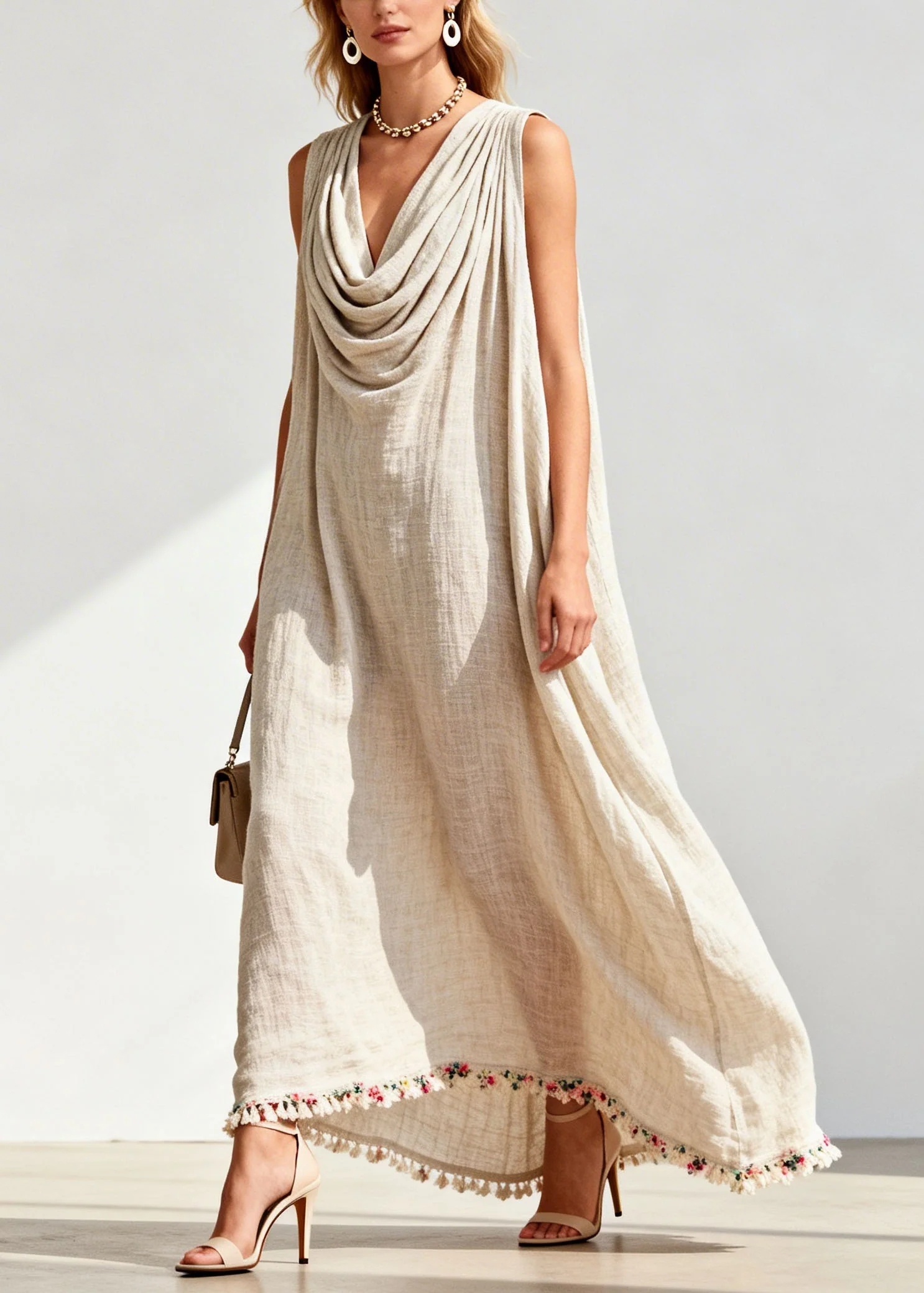 Loose Draped Neckline Floral Patchwork Linen Maxi Dresses Sleeveless - Image 5