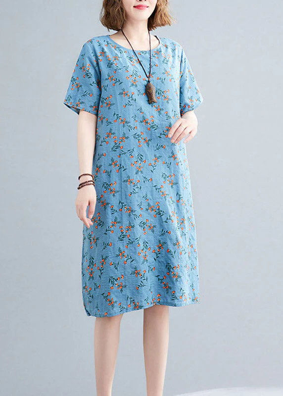 Loose Flower number Two O-Neck Print Linen Mid Dress Short Sleeve - Image 2