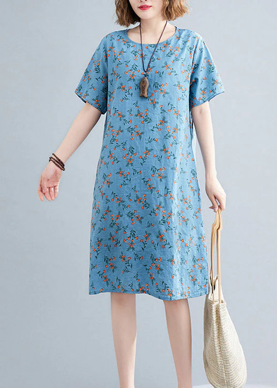 Loose Flower number Two O-Neck Print Linen Mid Dress Short Sleeve - Image 3