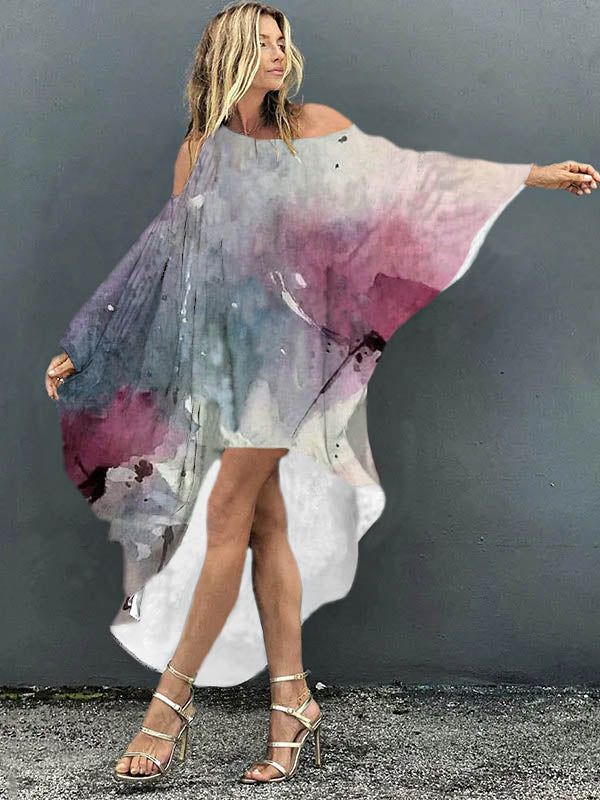 Loose Flower Print Cold Shoulder High-Low Long Dress - Image 5