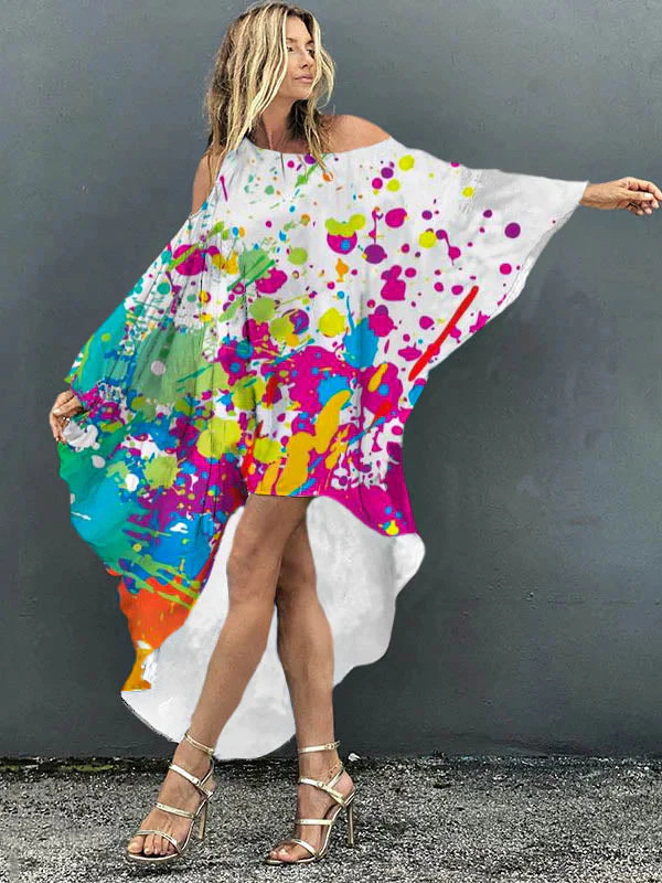 Loose Flower Print Cold Shoulder High-Low Long Dress - Image 6