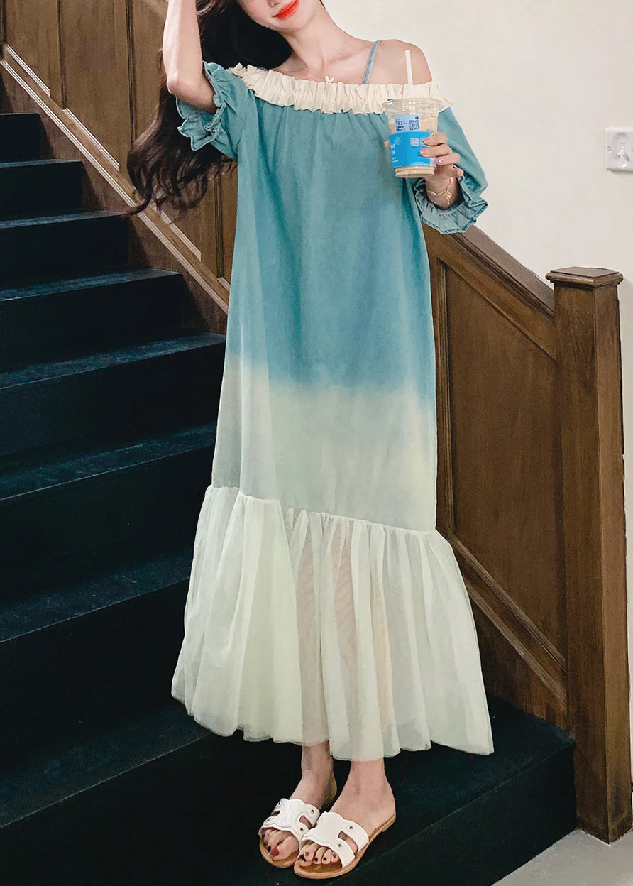 Loose Gradient Color Ruffled Tulle Patchwork Long Dresses Butterfly Sleeve - Image 2