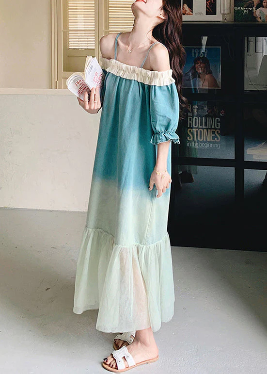 Loose Gradient Color Ruffled Tulle Patchwork Long Dresses Butterfly Sleeve - Image 4