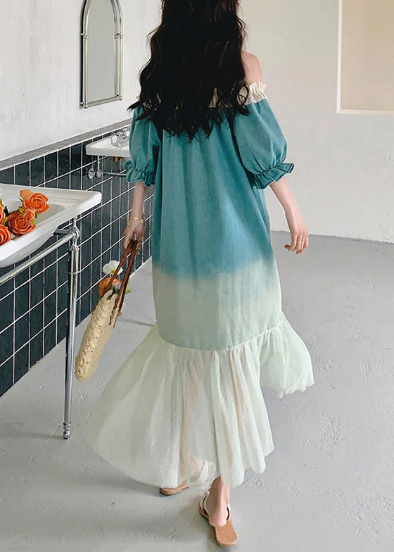 Loose Gradient Color Ruffled Tulle Patchwork Long Dresses Butterfly Sleeve - Image 5