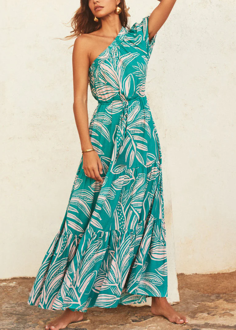 Loose Green Asymmetrical Print Cotton Vacation Dresses Summer - Image 3