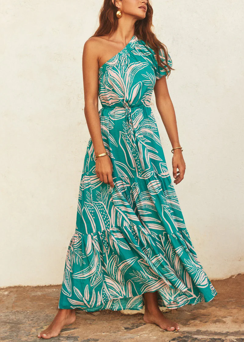 Loose Green Asymmetrical Print Cotton Vacation Dresses Summer - Image 4