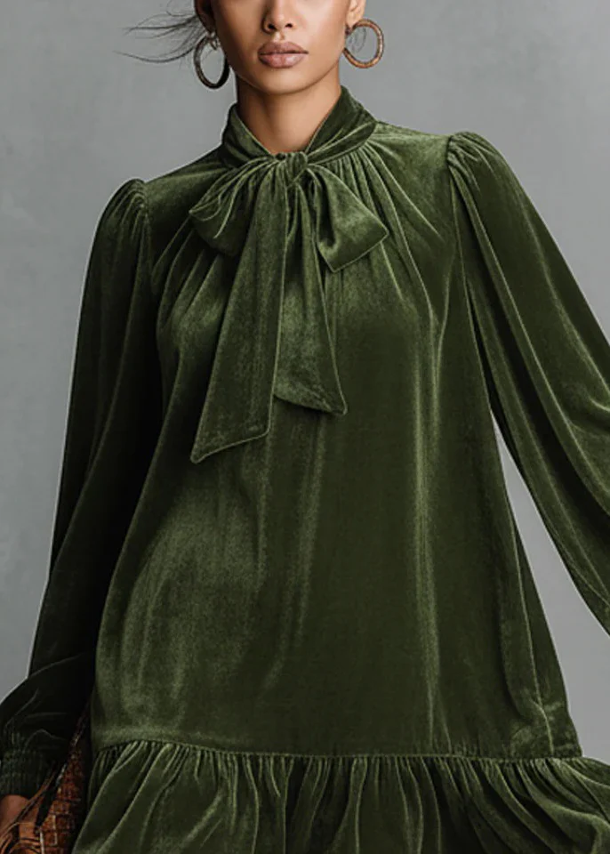 Loose Green Bow Wrinkled Solid Silk Velvet Mid Dress Spring - Image 4