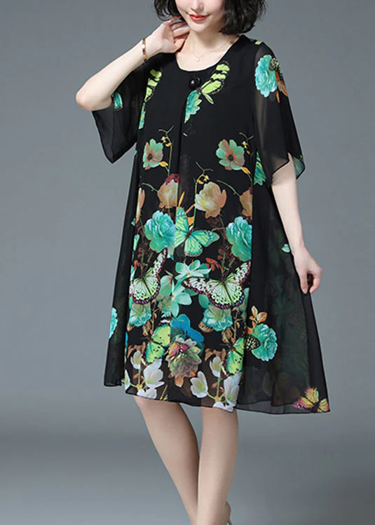 Loose Green Butterfly Print O-Neck Chiffon Dress Half Sleeve - Image 2