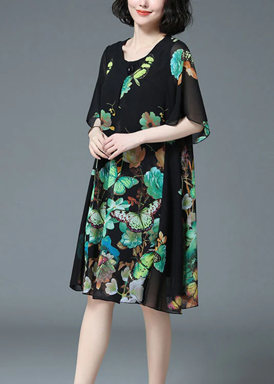 Loose Green Butterfly Print O-Neck Chiffon Dress Half Sleeve - Image 3