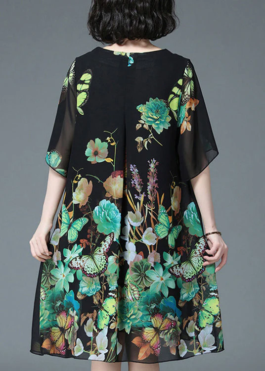 Loose Green Butterfly Print O-Neck Chiffon Dress Half Sleeve - Image 4