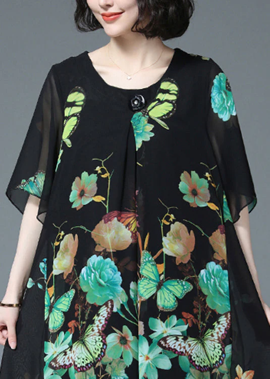 Loose Green Butterfly Print O-Neck Chiffon Dress Half Sleeve - Image 5
