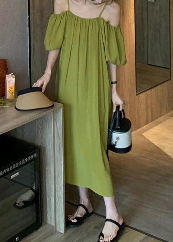 Loose Green Cold Shoulder Solid Cotton Spaghetti Strap Dress Summer - Image 3