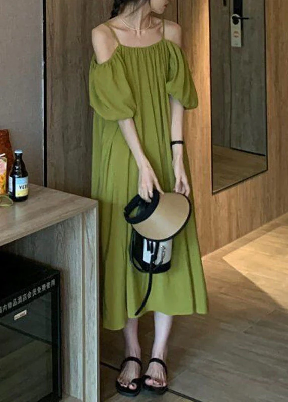 Loose Green Cold Shoulder Solid Cotton Spaghetti Strap Dress Summer - Image 4