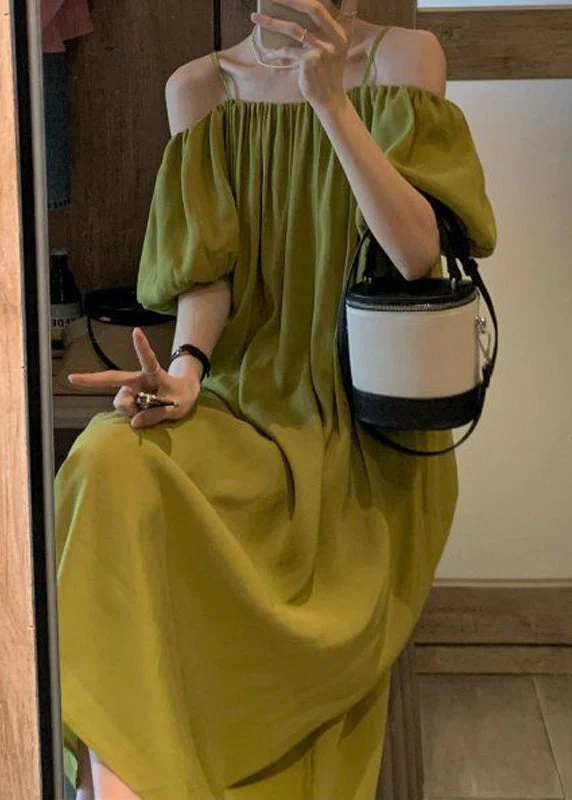 Loose Green Cold Shoulder Solid Cotton Spaghetti Strap Dress Summer - Image 5