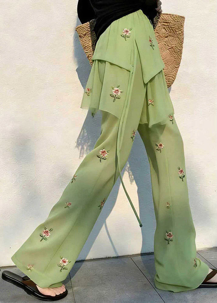Loose Green Elastic Waist Patchwork Tulle Straight Pants - Image 3