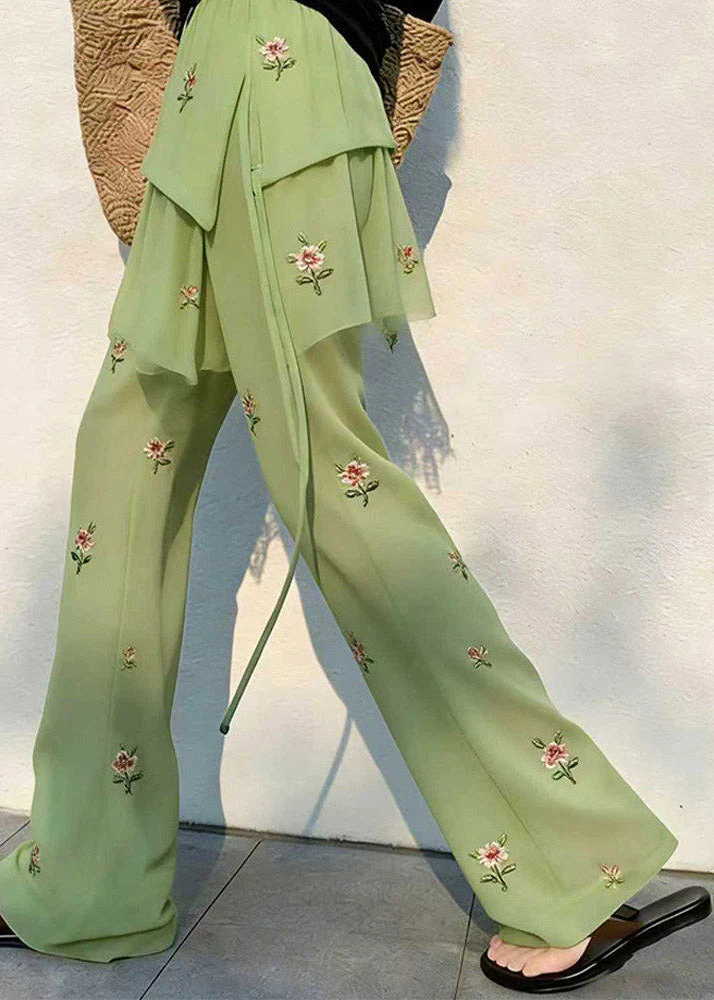 Loose Green Elastic Waist Patchwork Tulle Straight Pants - Image 5