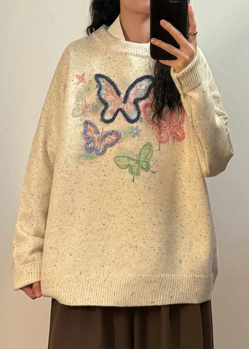 Loose Green Embroidered Butterfly Knit Sweater Tops Spring - Image 2