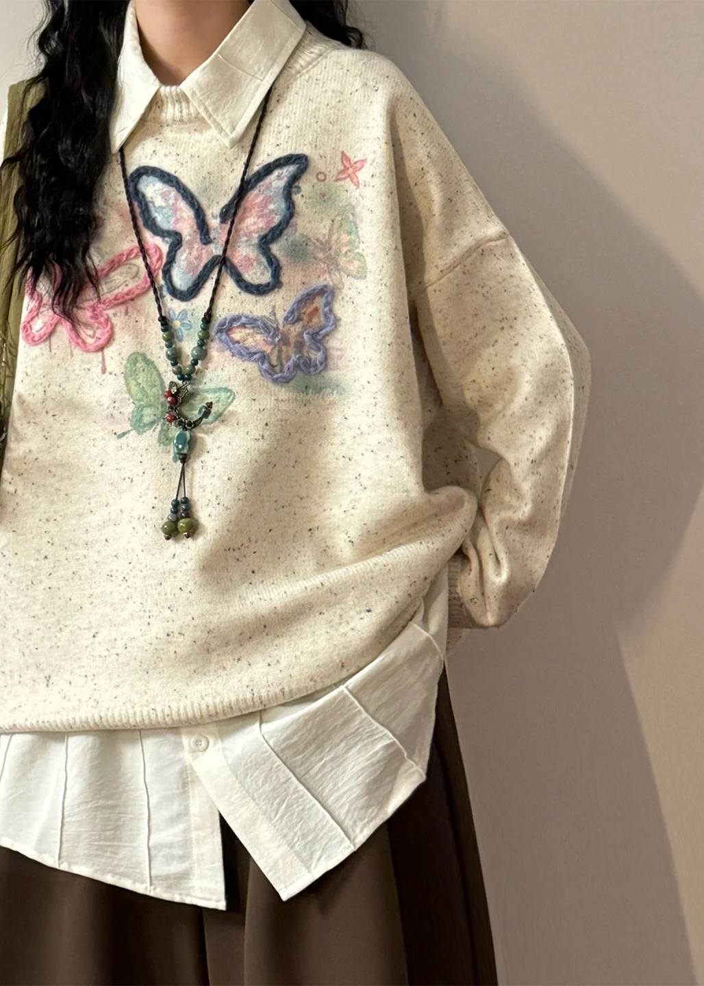 Loose Green Embroidered Butterfly Knit Sweater Tops Spring - Image 3