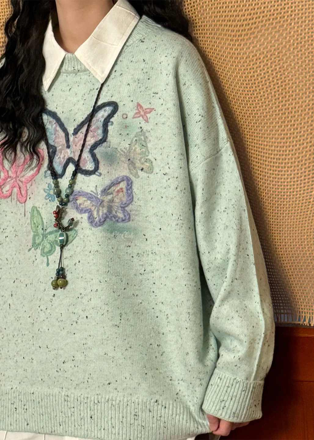 Loose Green Embroidered Butterfly Knit Sweater Tops Spring - Image 4
