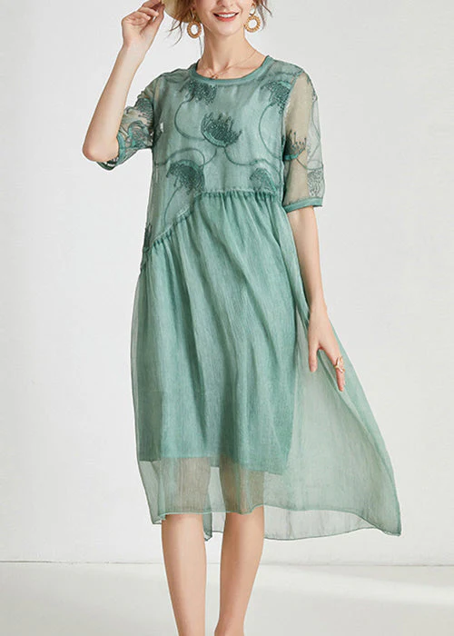 Loose Green Embroidered Patchwork Chiffon Dresses Summer - Image 2