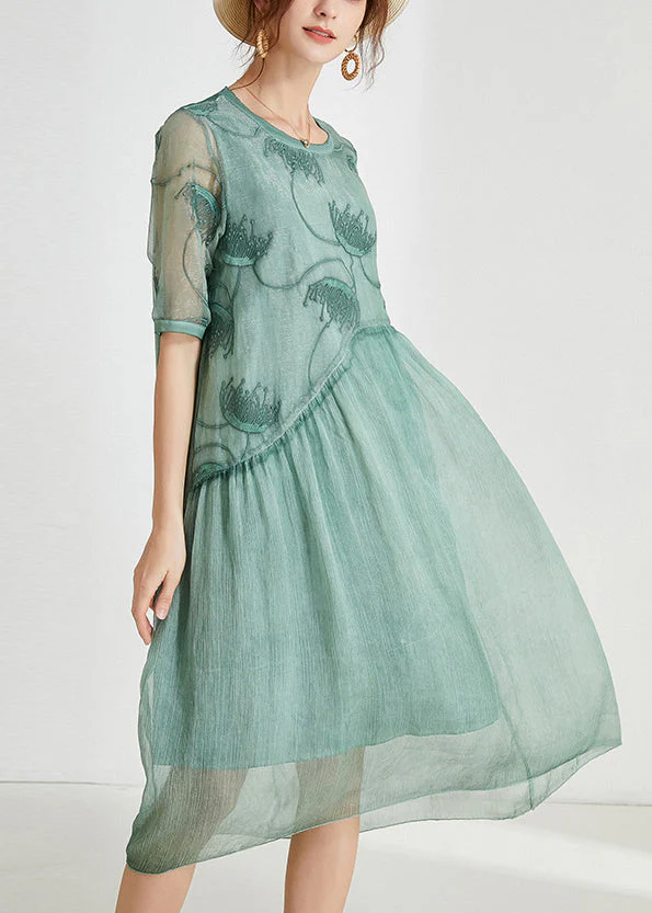Loose Green Embroidered Patchwork Chiffon Dresses Summer - Image 3
