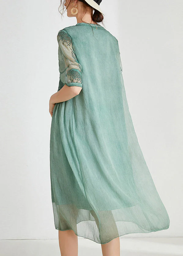 Loose Green Embroidered Patchwork Chiffon Dresses Summer - Image 4