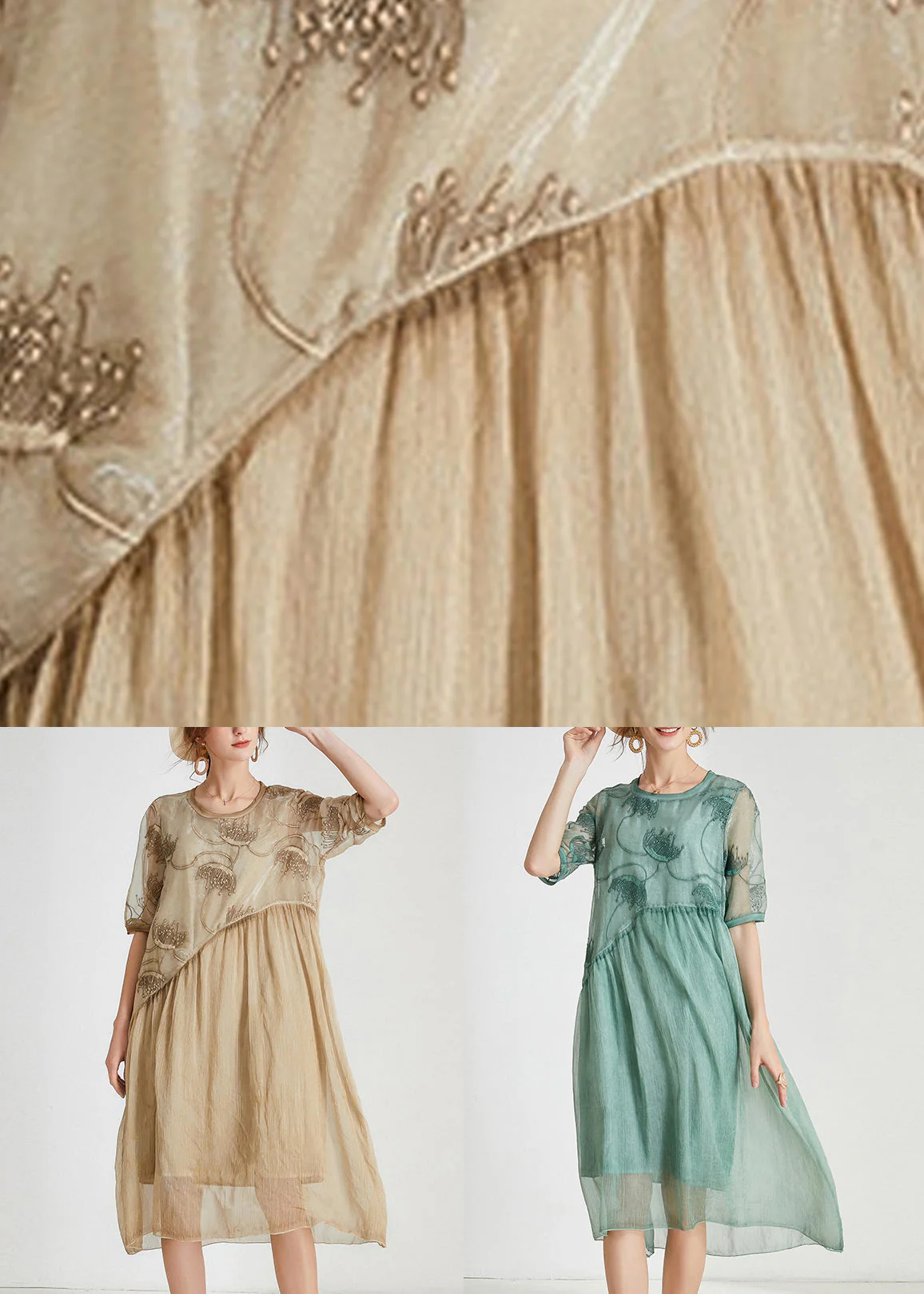 Loose Green Embroidered Patchwork Chiffon Dresses Summer - Image 5