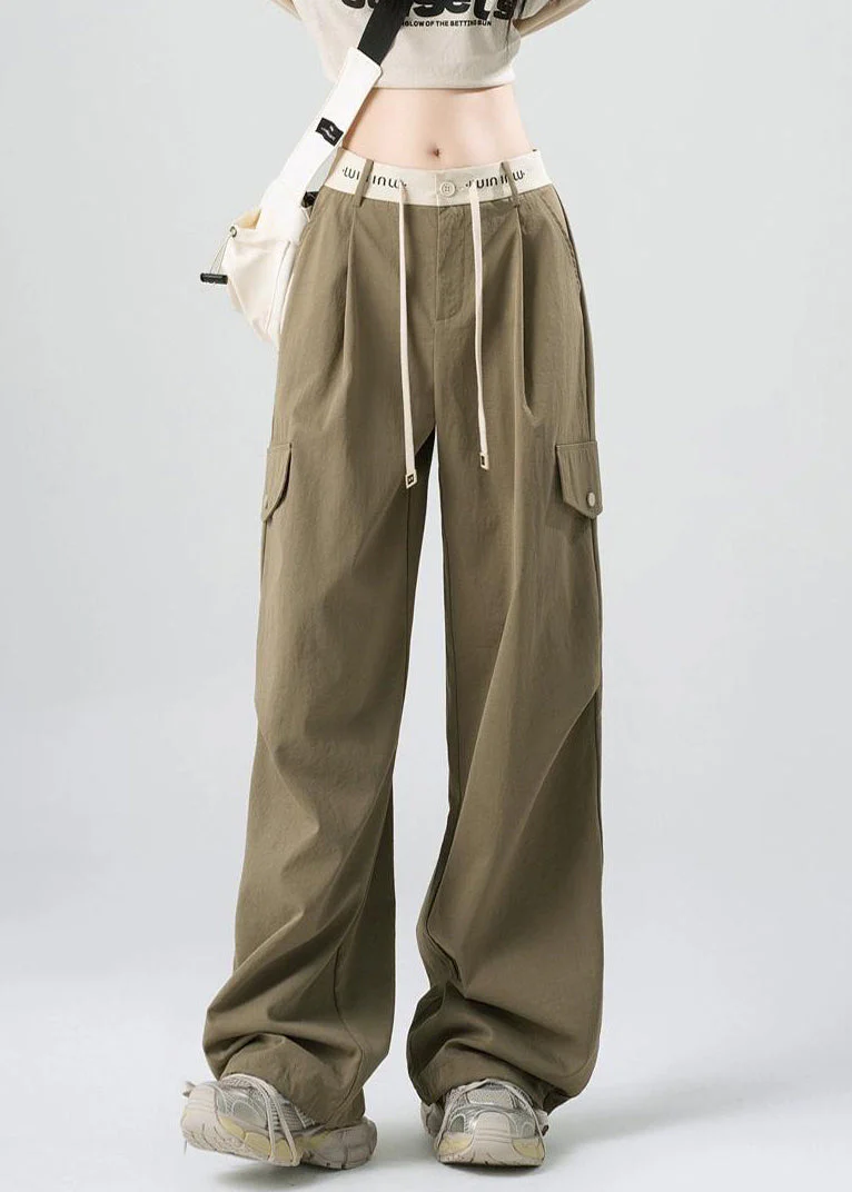 Loose Green Lace Up Pockets Cotton Pants Spring - Image 4