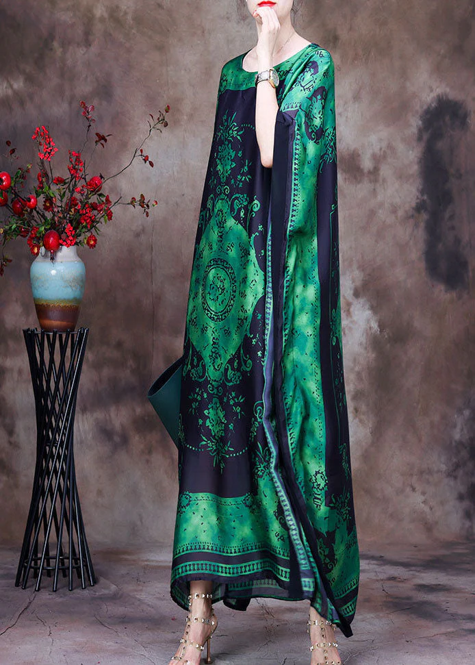 Loose Green O-Neck Asymmetrical Design Print Silk Beach Dress Gown Batwing Sleeve - Image 2